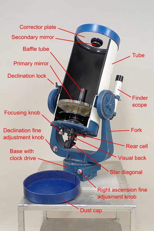 Photograph of the telescope with all its parts labeled.
